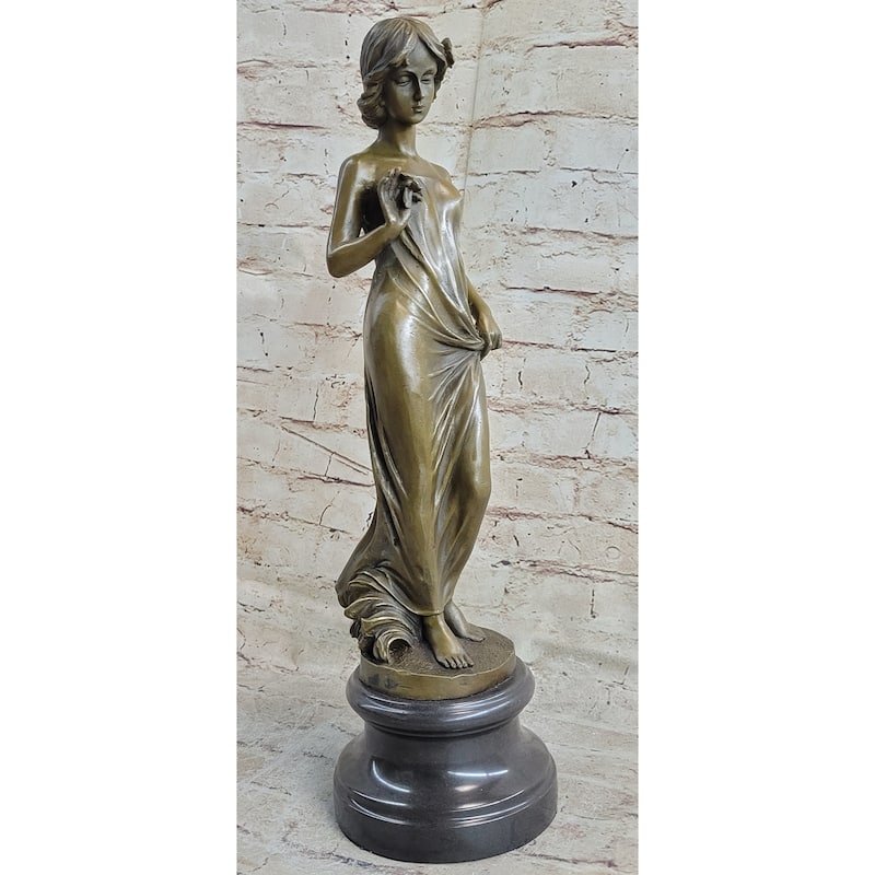 Bronze Sculpture Young Lady Gazes Into A Flower By Moreau Art Nouveau Deco Decor