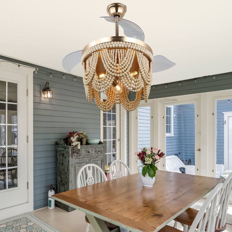 Cusp Barn 42" Retractable Ceiling Fan with Light, Farmhouse Wooden Bead Chandelier, Quiet DC Motor 6 Speeds Bohemian Ceiling Fan