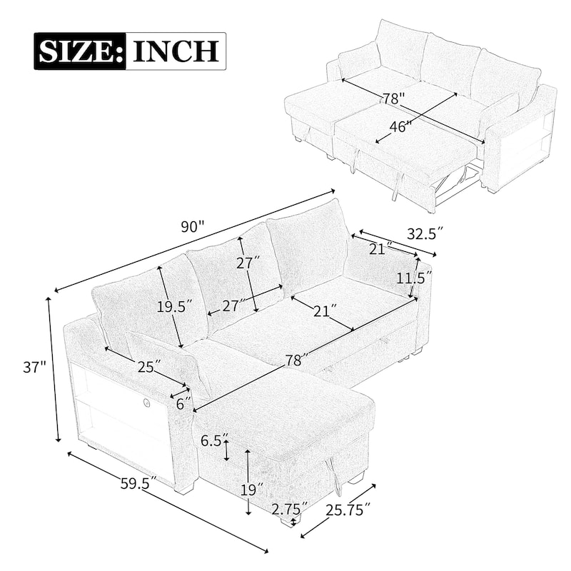 90" Pull Out Sleeper Sofa L-Shaped Couch Convertible Sofa Bed