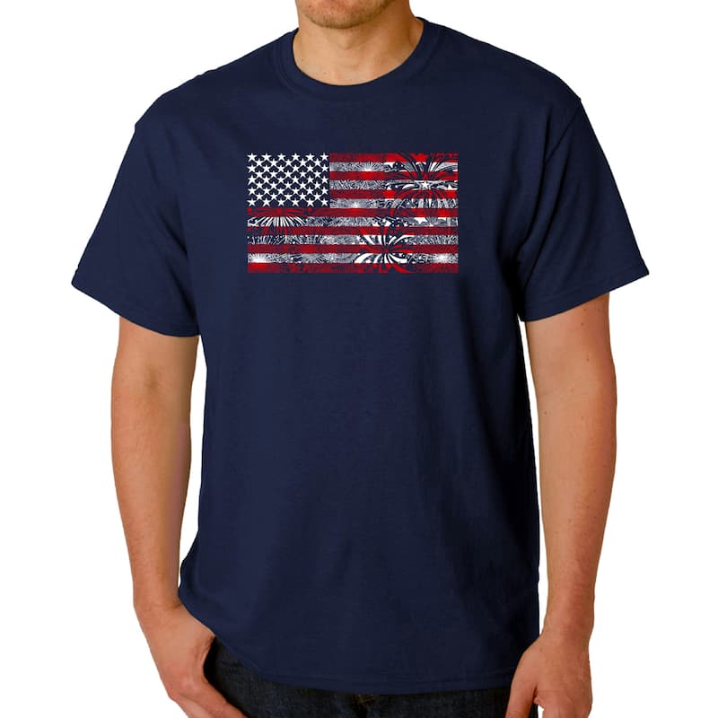 LA Pop Art Men's Word Art T-shirt - Fireworks American Flag - Navy - 4XL