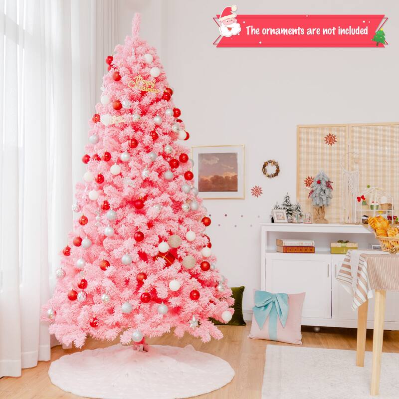 Gymax 4.5/6.5/7.5 FT Artificial Snow Flocked Pink Christmas Tree Unlit - See details