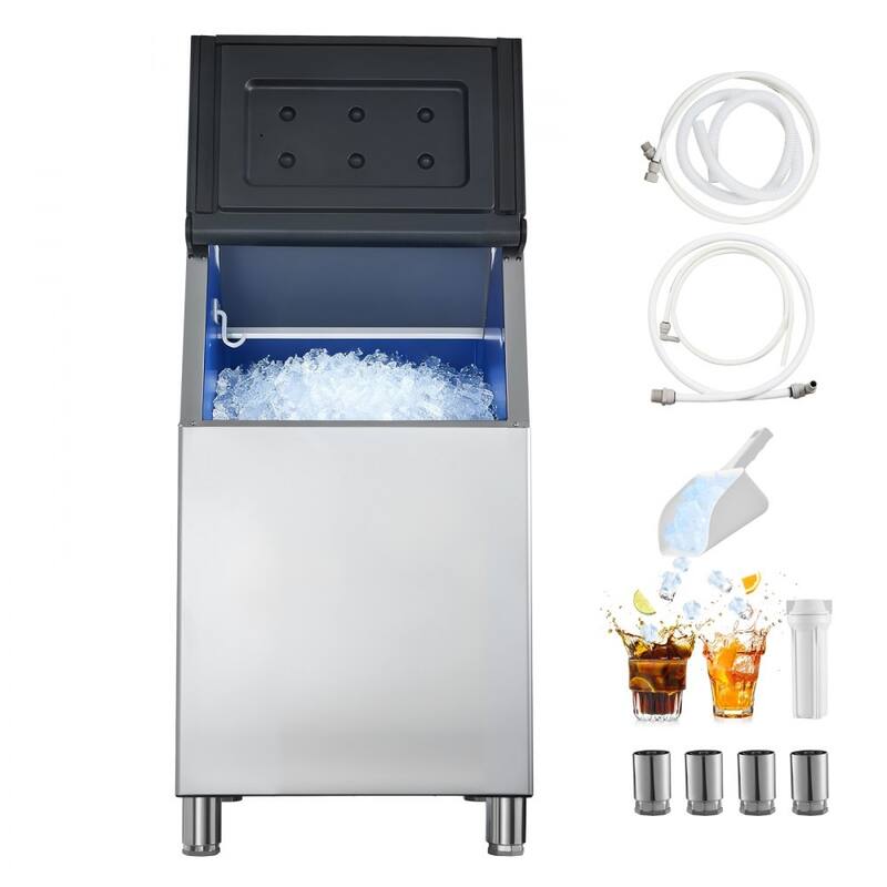 Silver-Black Stainless Steel 430 Commercial Ice Maker Storage Bin 300lbs with Insulated Casing and Adjustable Feet