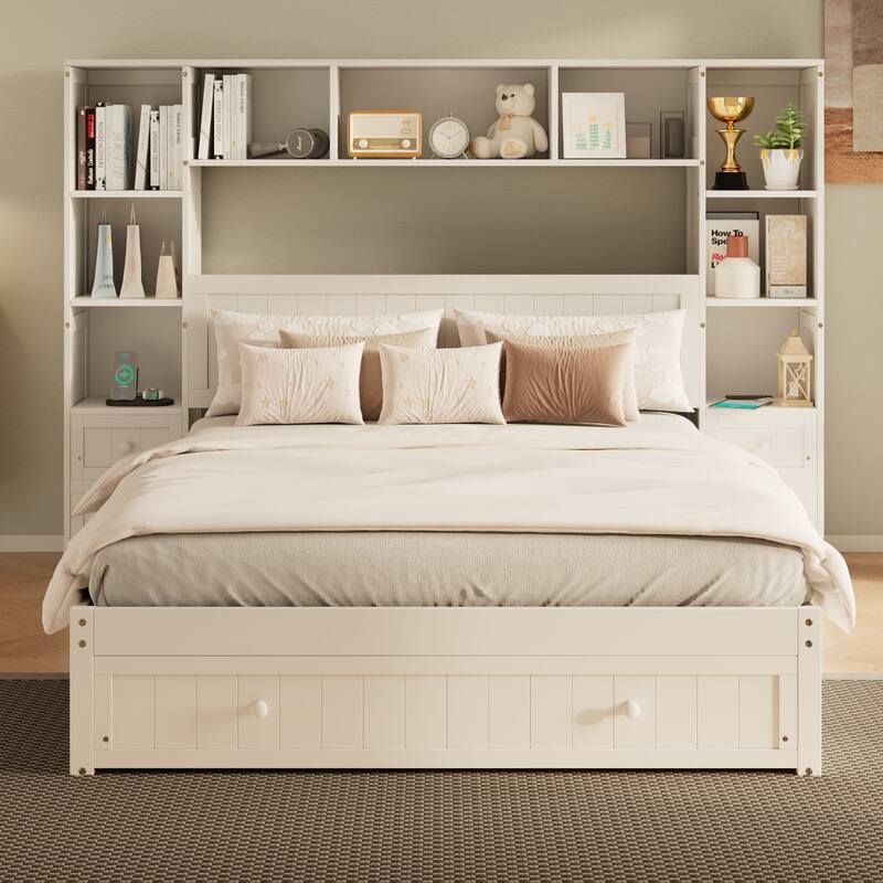 Wood Captain Platform Bed Frame with All-in-One 2 Nightstand, Drawers