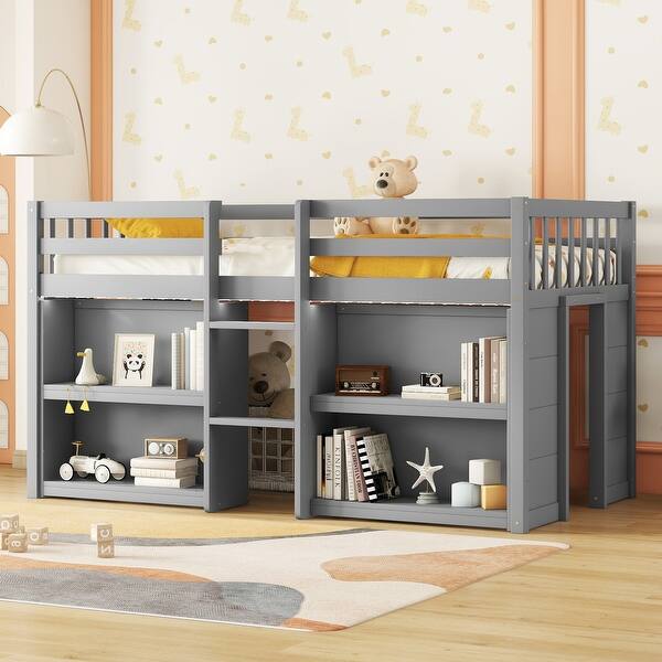 slide 2 of 9, Twin Size Low Loft Bed With Two-Tier Storage Shelves, Pine Wooden Bed with LED Light, Kid's Bed with Ladder, Grey Grey
