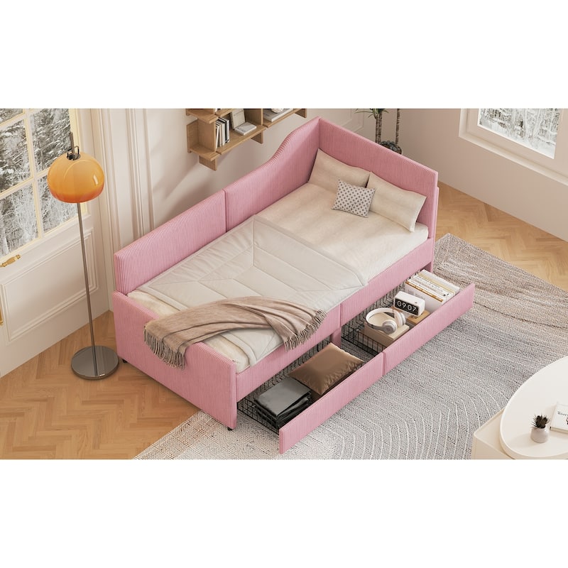 Pink Twin L-Shaped Upholstered Daybed with Corduroy Fabric and 2 Storage Drawers, Space-Saving Platform Bed Frame