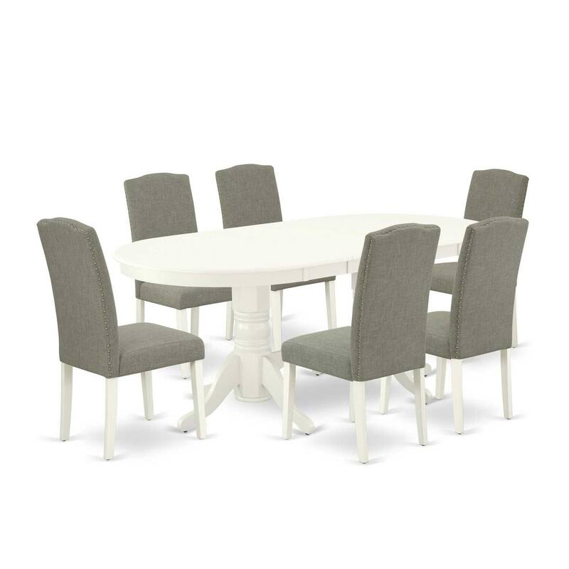 Medieval Dining Set 7Pc - Table & 6 Chairs - Linen White Legs - Butterfly Leaf - Dark Shitake Fabric
