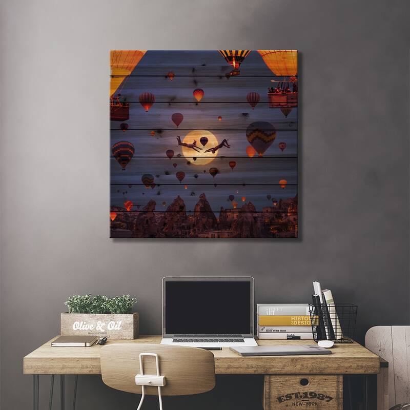 Full Moon Acrobat Balloons Print On Wood by Hobopeeba - Multi-Color