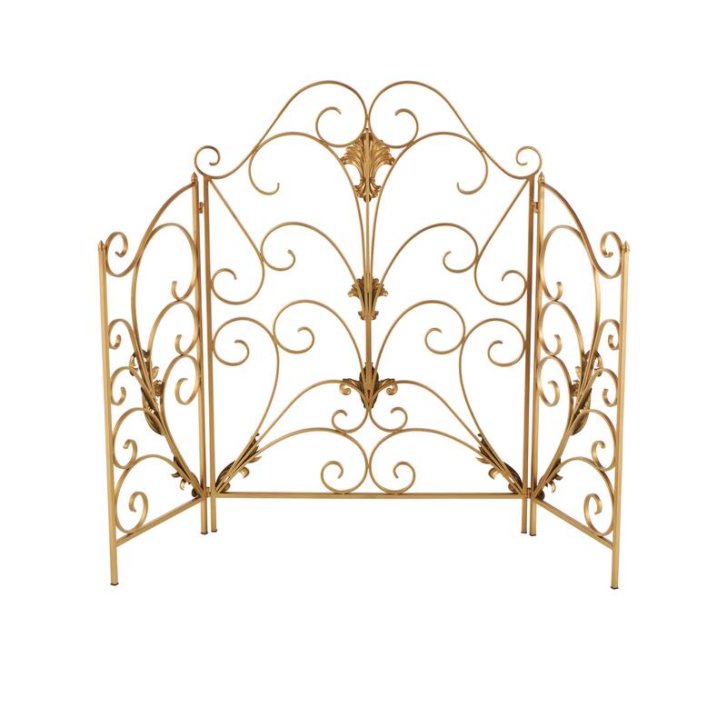 Gold Metal Foldable 3 Panel Scroll Living Room Fireplace Screen with Fleur De Lis Accents
