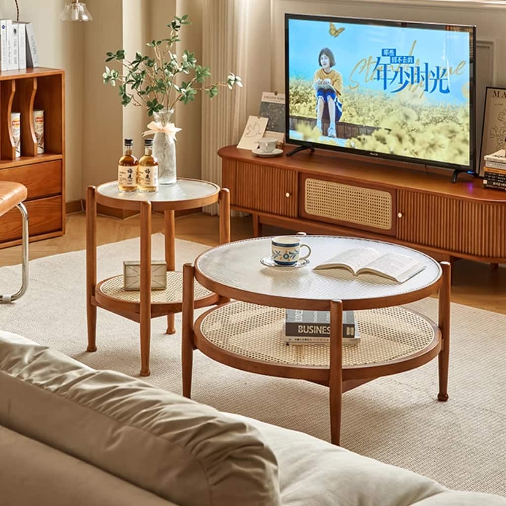 2-Piece Modern Farmhouse Living Room Coffee Table Set, Stylish and Elegant Nesting Round Wooden Table,Side End table set