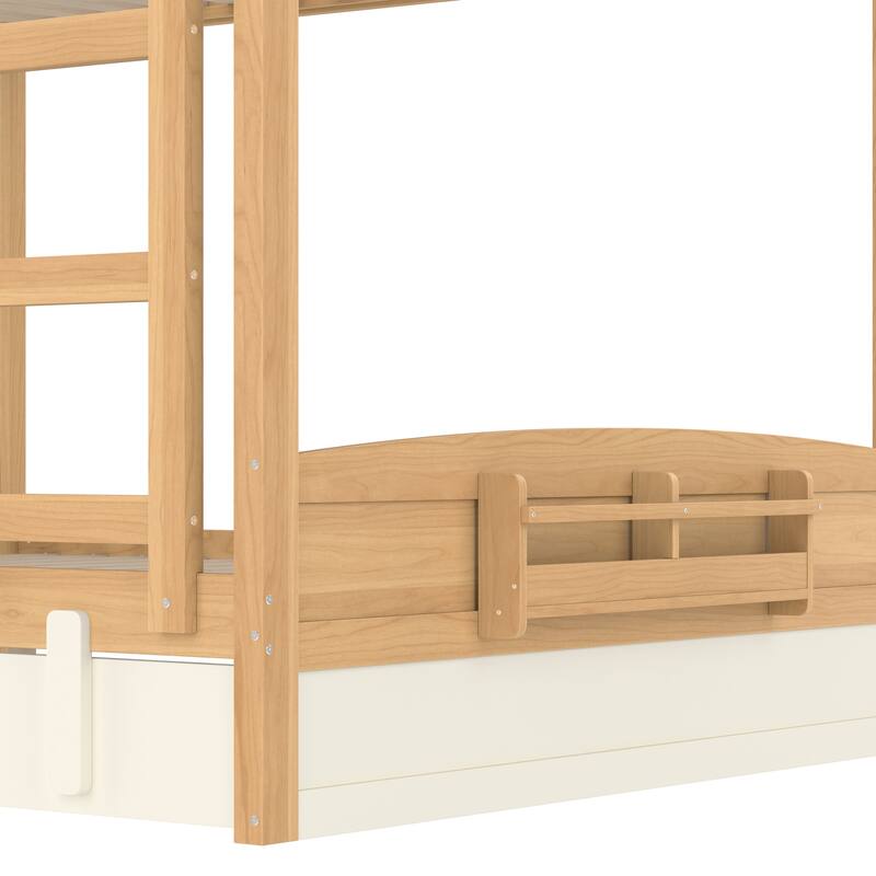 Kids Bed Wooden Bunk Bed with Trundle and Built-in Storage Bookshelves