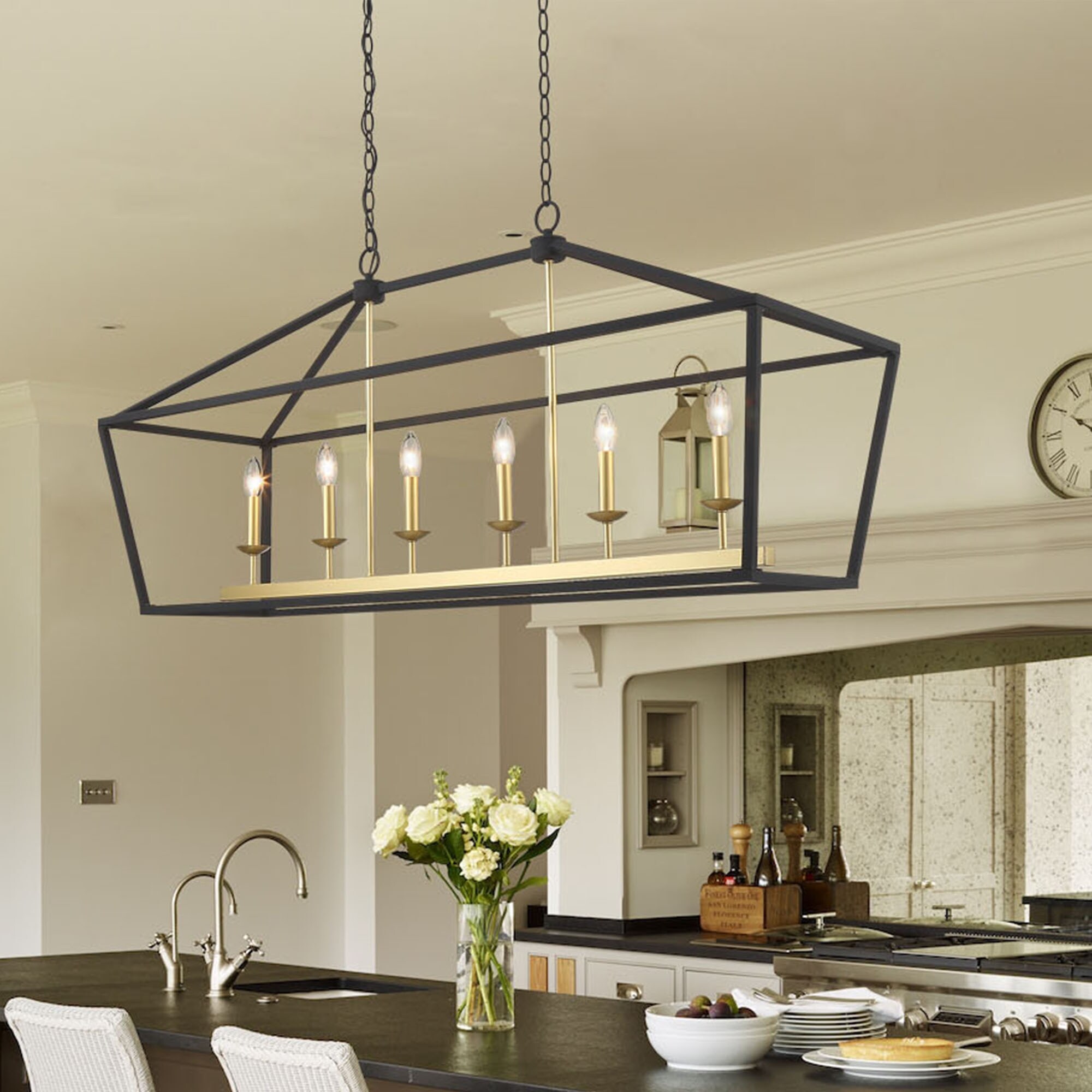Acroma 6 Light Black Gold Kitchen Island Rectangle Linear Chandelier N A