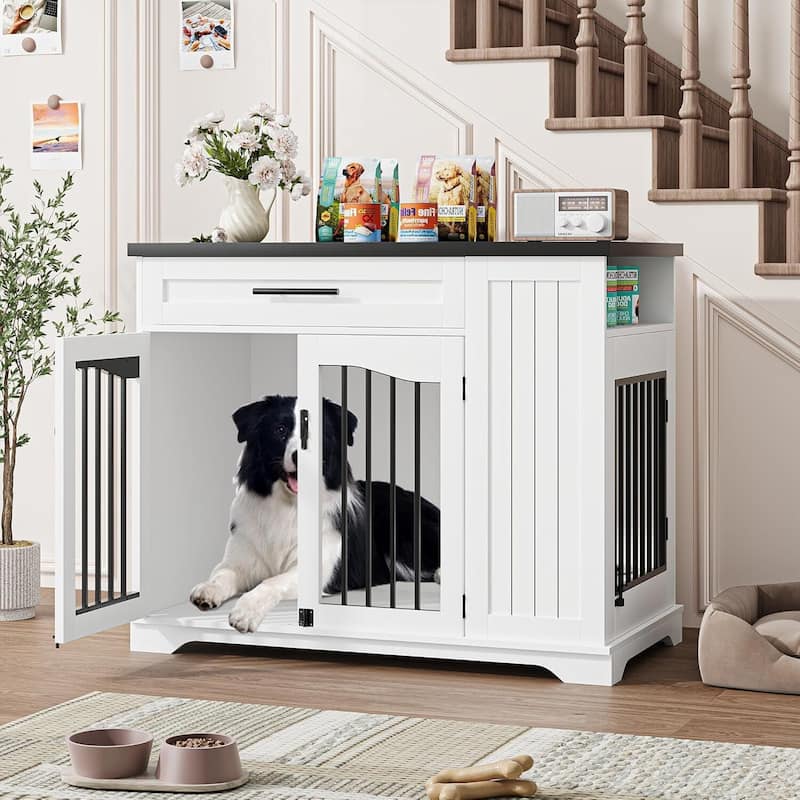 Heavy-Duty Dog Crate Furniture with Storage & Feeding Bowls - White
