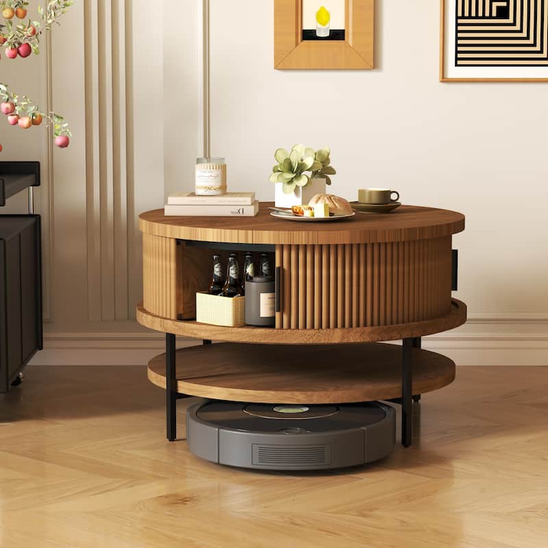 Flip-Top Round Coffee Table with Storage for Living Room, 31.5" Farmhouse Style Center Table with Sliding Doors