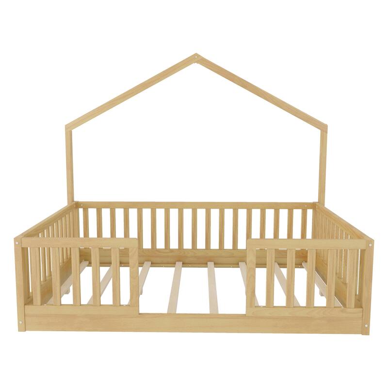 Roomfitters Twin/Full Floor Platform Bed, House Frame and LED Light with Wooden High Rails for Bedrooms or Guest Rooms