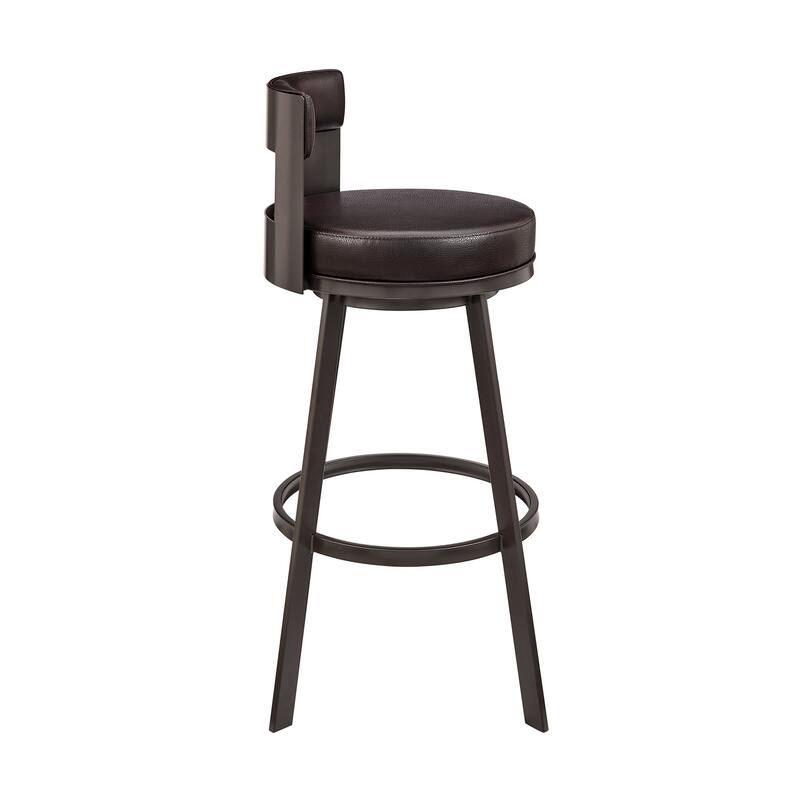 Ami 30 Inch Swivel Barstool Chair, Curved Open Back Brown Faux Leather