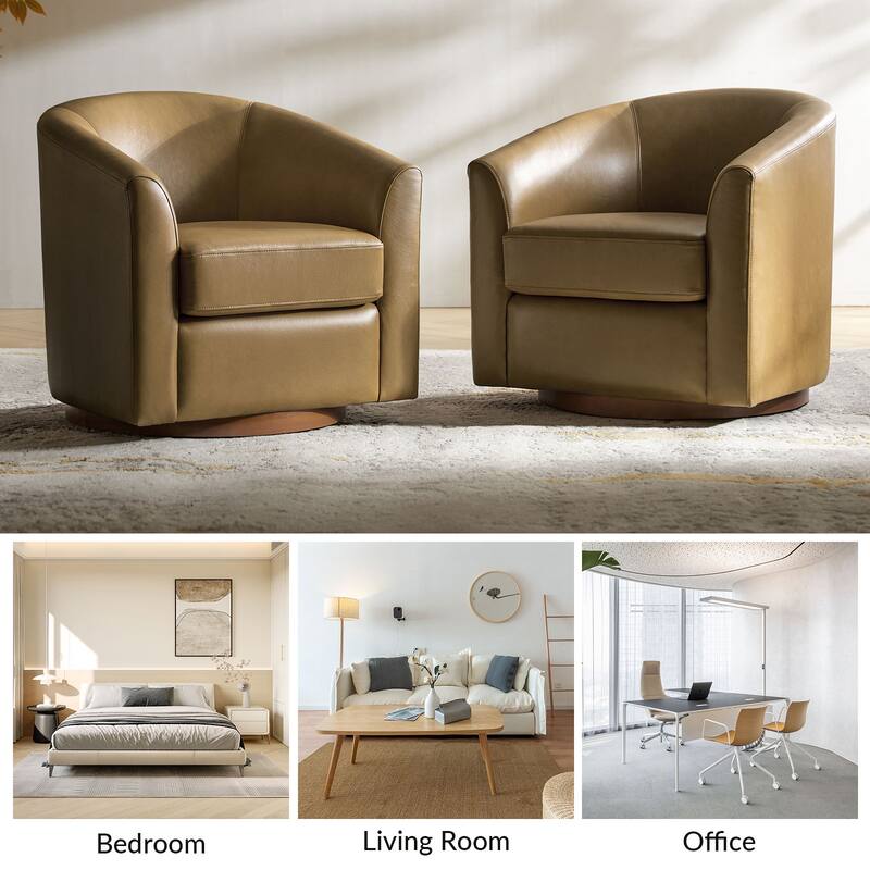 Althea Modern Genuine Leather Swivel Barrel Chair with Solid Wood Base By HULALA HOME