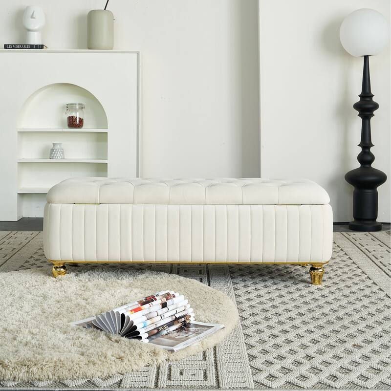 Beige Storage Bench Ottoman Bench with Safety Hinge, Footstool End of Bed Bench Vanity Bench Lounge Bench - Beige
