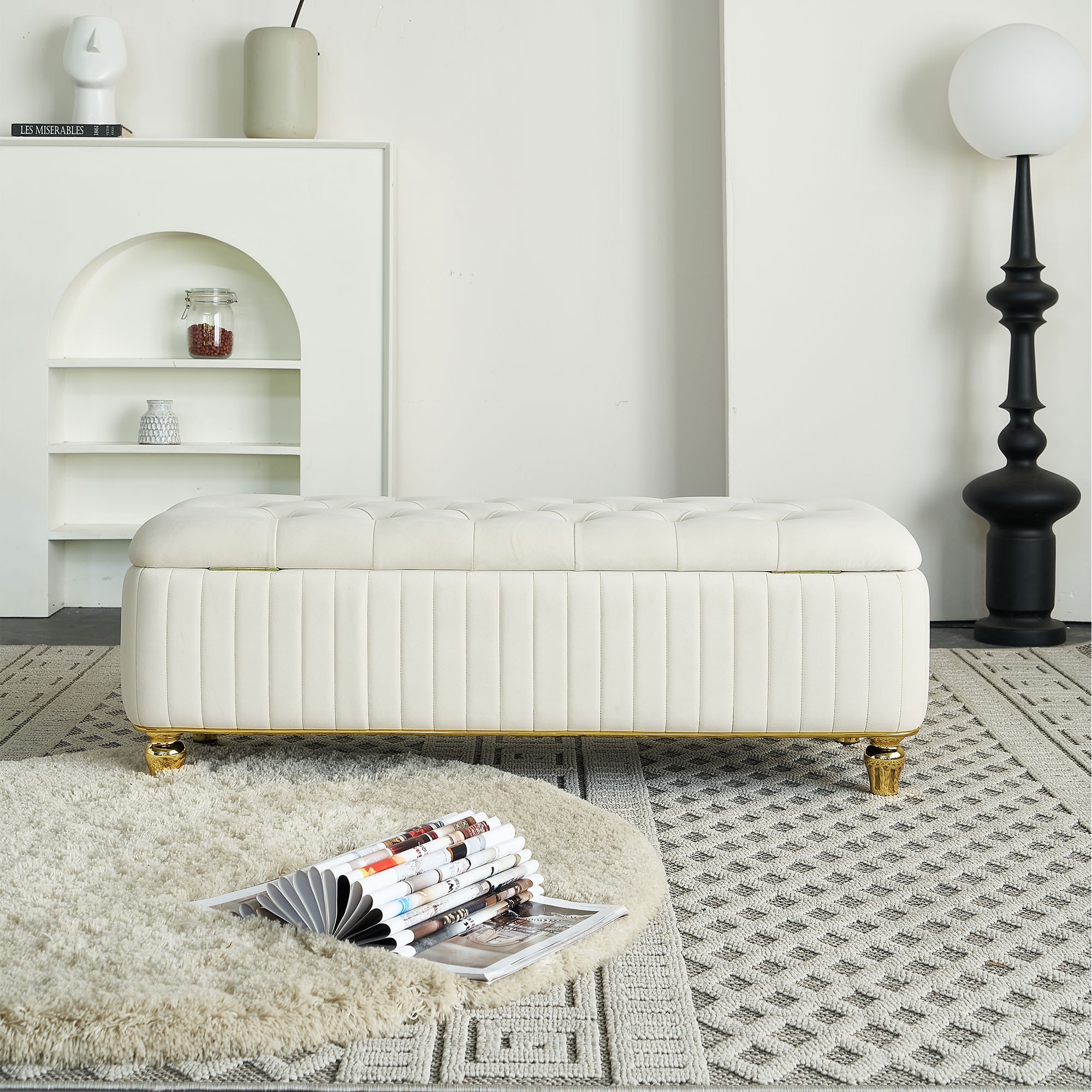 Beige Storage Bench Ottoman Bench with Safety Hinge, Footstool End of Bed Bench Vanity Bench Lounge Bench