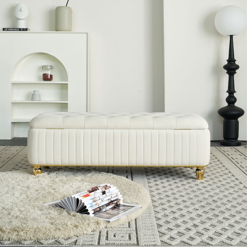 Upholstered Velvet Fabric Storage Ottoman with Safety Hinge