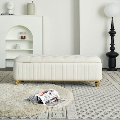 Velvet Fabric Storage Ottoman, Upholstered Button Tufted Storage Bench, End of Bed Bench with Safety Hinge & Metal Legs