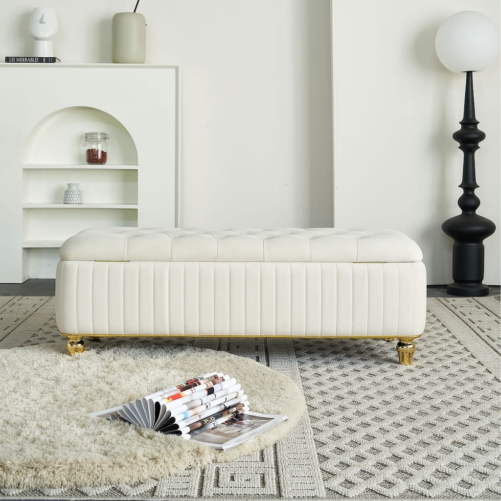 Velvet Fabric Storage Ottoman, Upholstered Button Tufted Storage Bench, End of Bed Bench with Safety Hinge & Metal Legs
