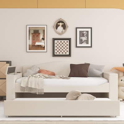 Sofa bed with storage arms, trundle bed and Bluetooth stereo
