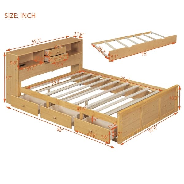Full Size Bed with Trundle, USB Ports & Storage - Sleek Natural Finish