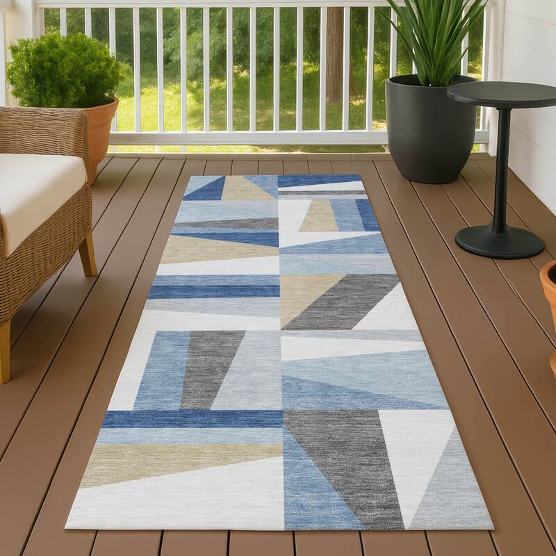 Machine Washable Indoor/ Outdoor Contemporry Mosaic Chantille Rug - Blue - 2'3" x 7'6"
