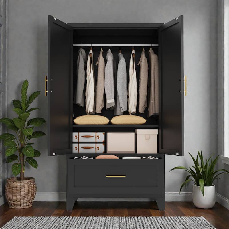 60 Inch Metal Wardrobe Cabinet with Drawer and Hanging Rod, 2 Door Steel Closet Storage with Shelf for Bedroom