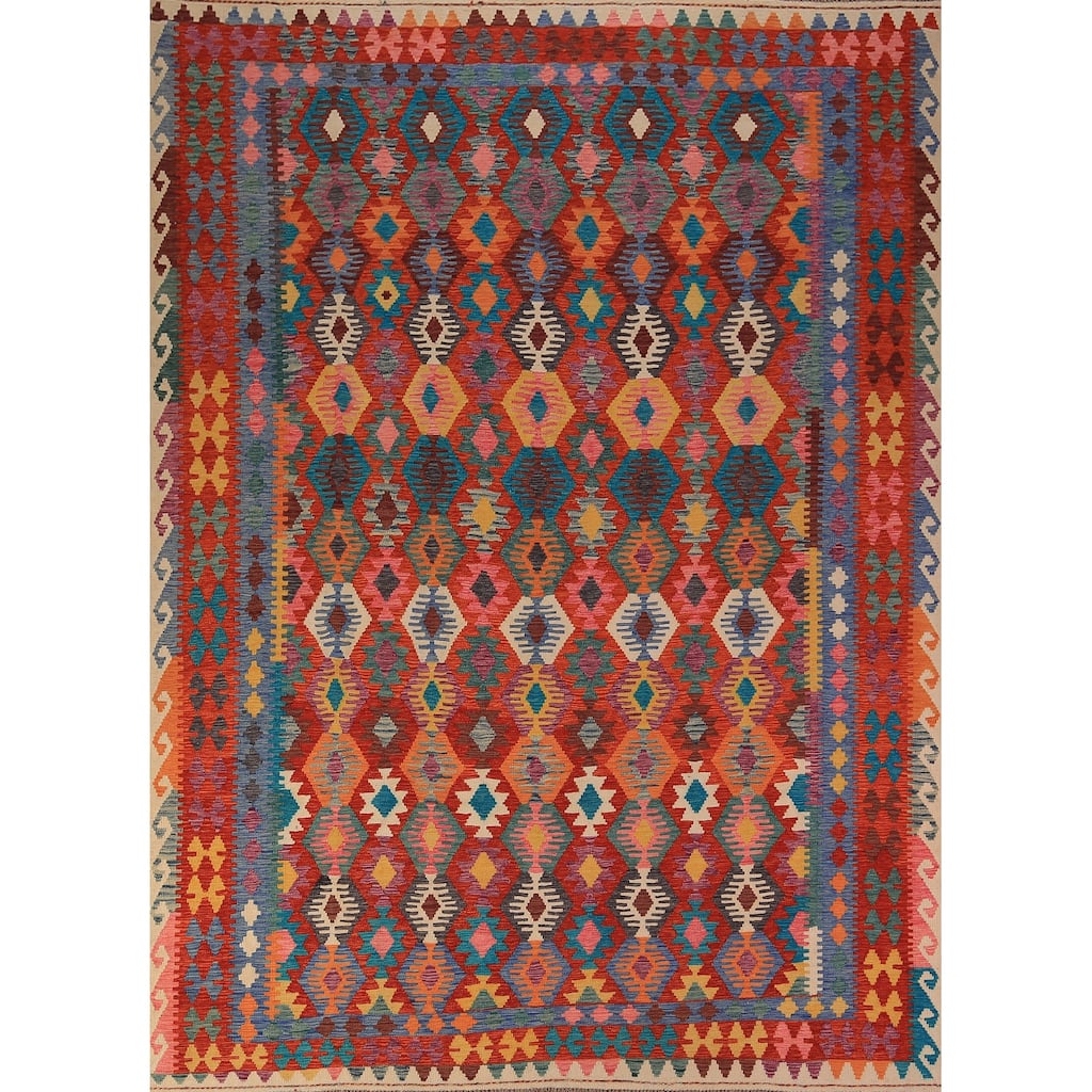 Reversible Kilim Area Rug Flatweave Geometric Wool Carpet - 8'7" x 11'4"