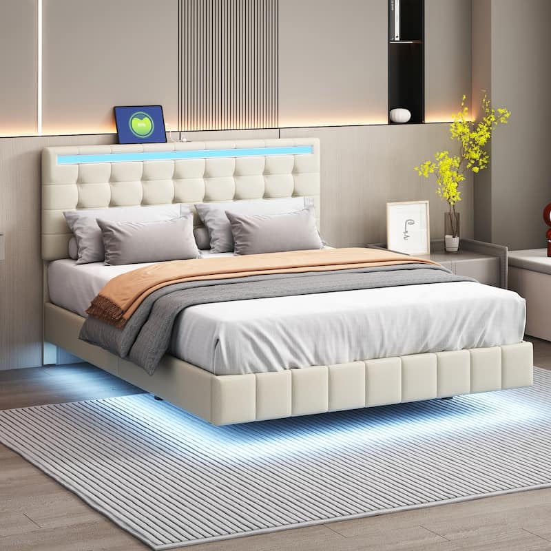 Queen Size Floating Bed Frame with LED Lights and USB Charging Bed
