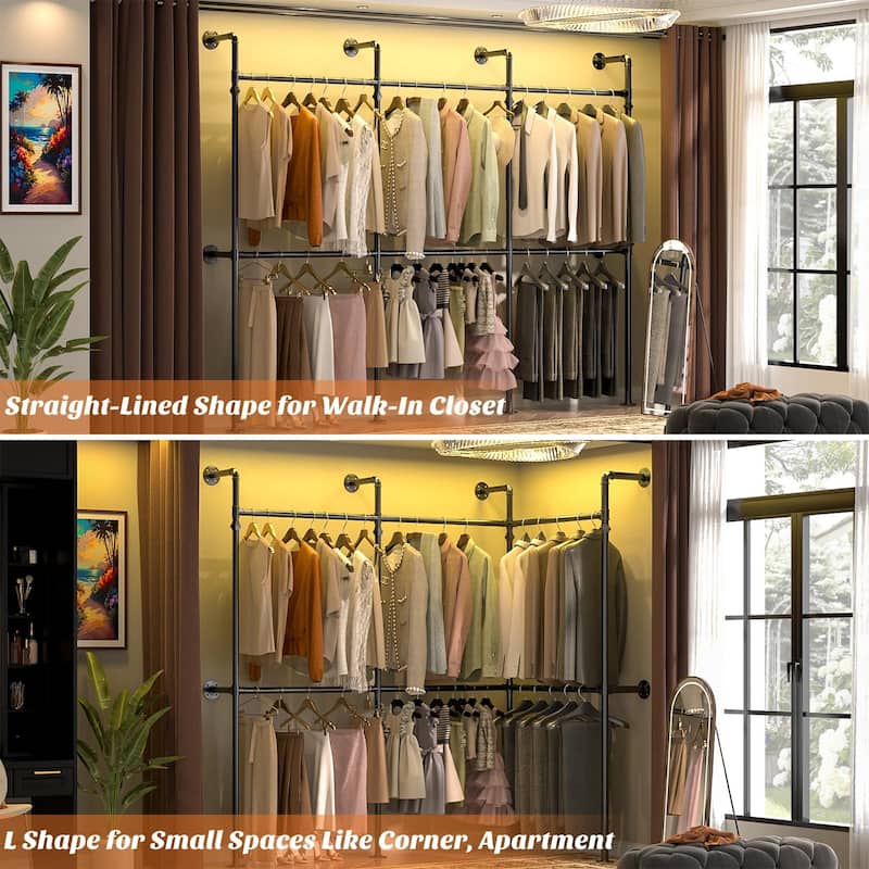 38- 153 Wide Heavy-Duty Wall-Mounted Garment Rack, Pipe Clothes Hanging Rods Closet System