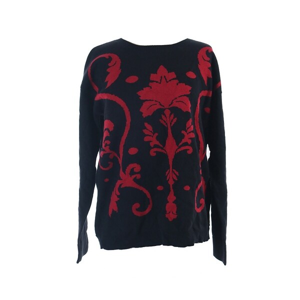 Kensie Black Red Long-Sleeve Damask-Knit Sweater M