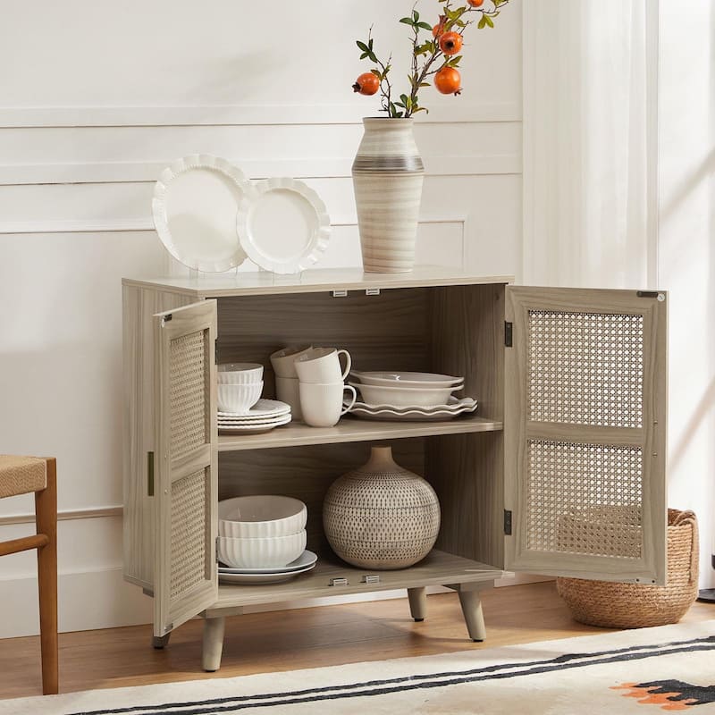 Woodland Multifunctional Rattan-Accented 2-Door Storage Stackable Buffet Cabinet with Solid and Wood Frame by HULALA HOME