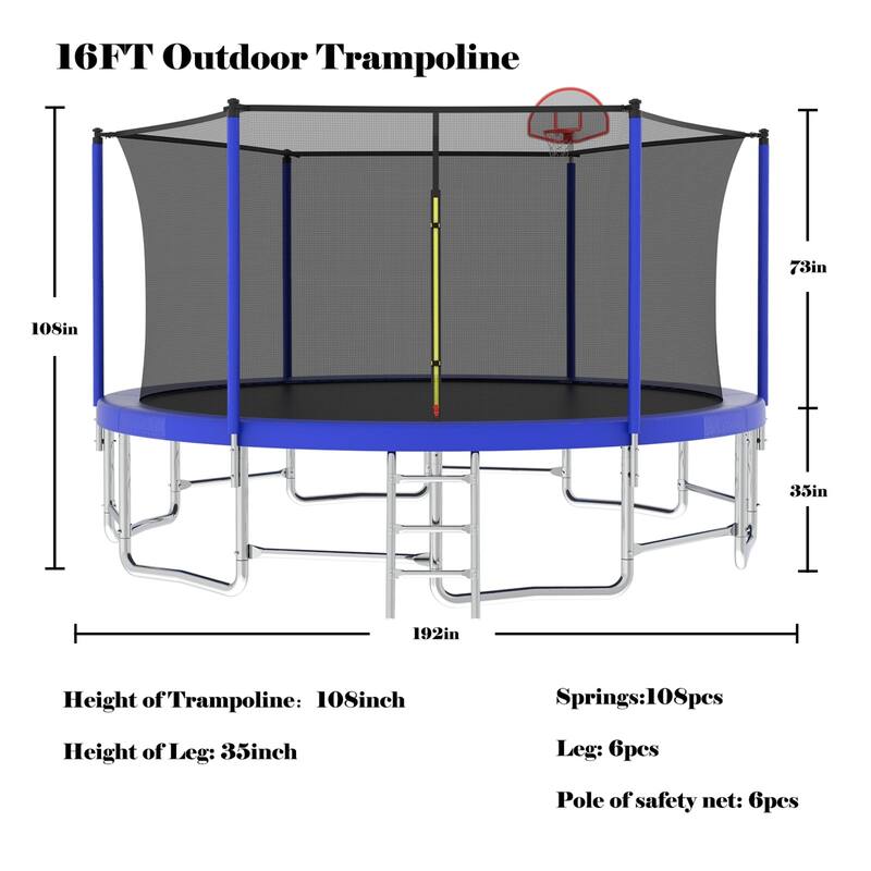 Outdoor Kids Trampoline with Basketball Hoop and Ladder, with Safety Enclosure for Backyard Fun - Blue - 16FT
