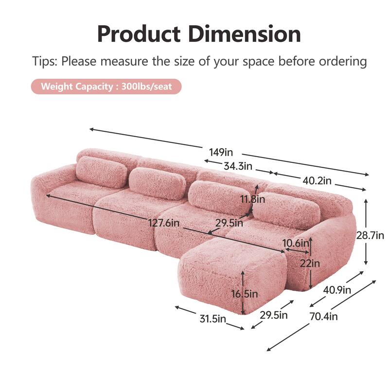 Homy Casa Pink Plush Modular Sectional Sofa Set Soft Cloud Floor Couch