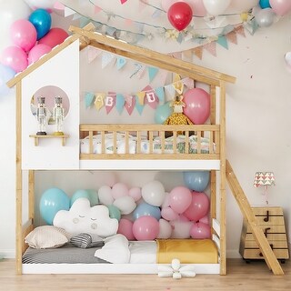 Twin Over Twin Bunk Bed Wood Bed with Roof, Window, Ladder