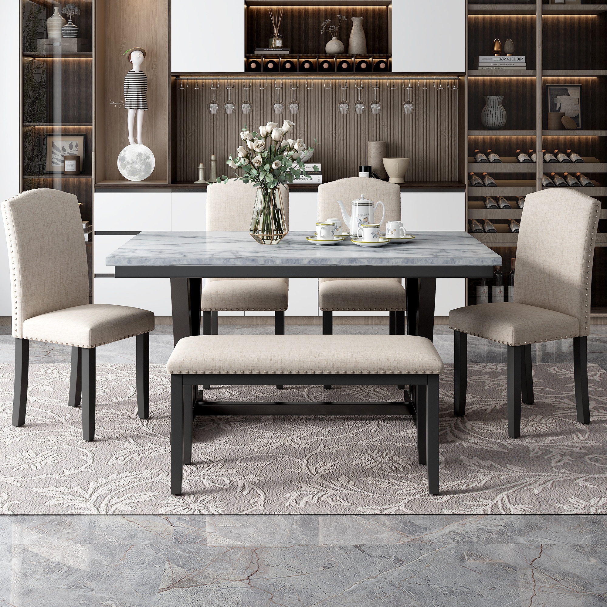 6 Pcs Kitchen Table Set with 4 Upholstered Chairs 1 Bench