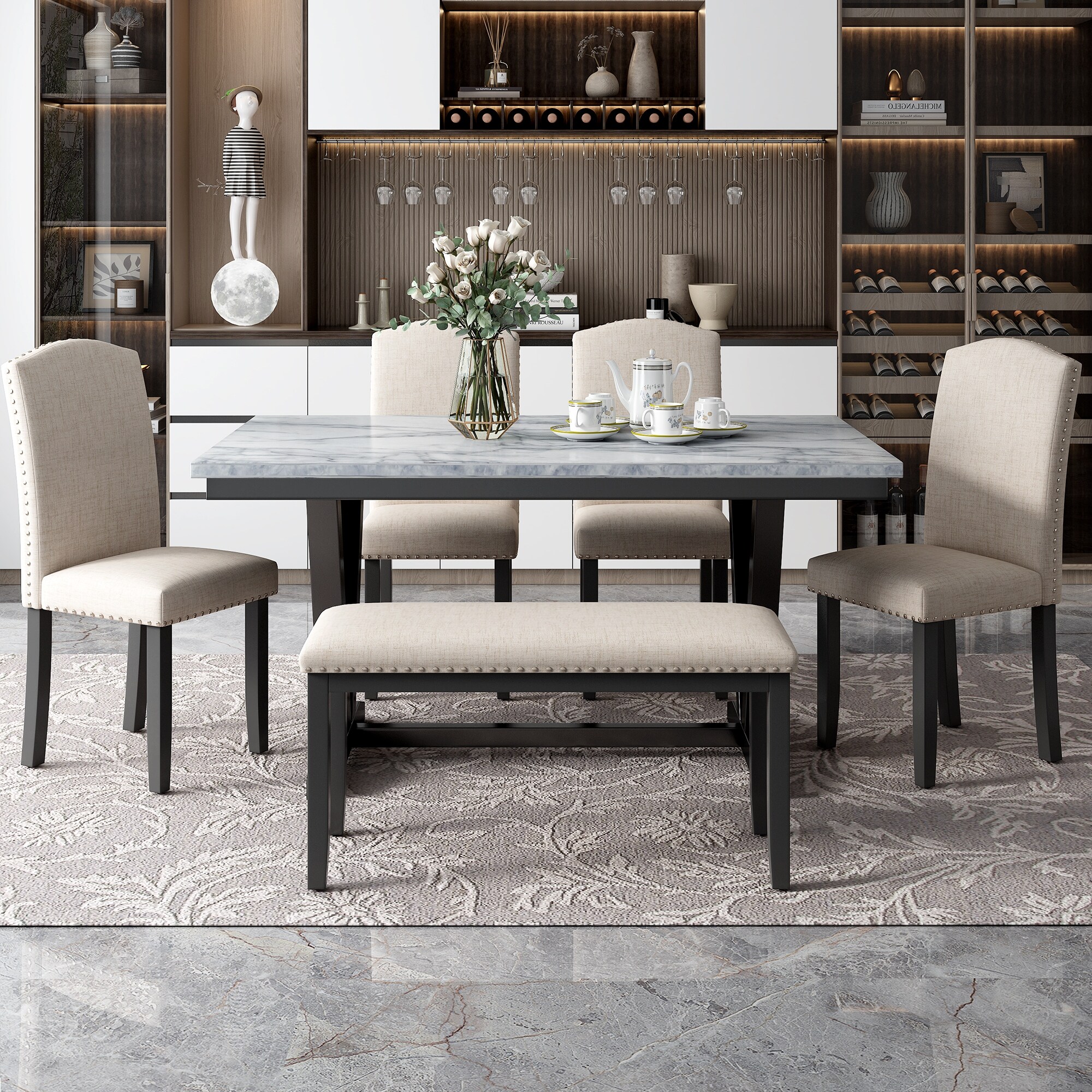 Dining table set hotsell with high back bench