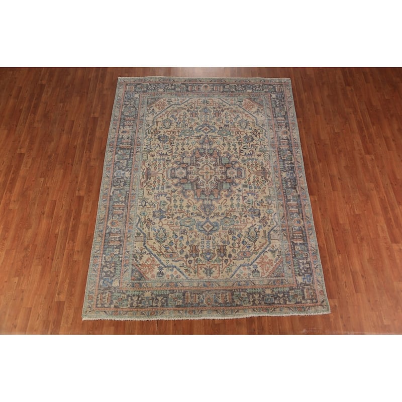 Geometric Tabriz Persian Area Rug Living Room Handmade Wool Carpet - 6'7"x 9'1"