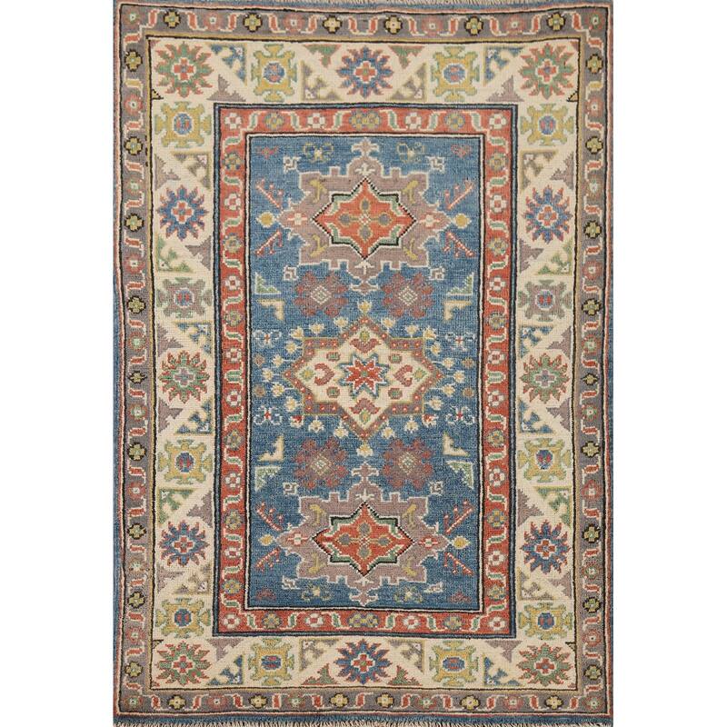 Blue Traditional Kazak Oriental Foyer Rug Hand-Knotted Wool Carpet - 2'8" x 4'3"