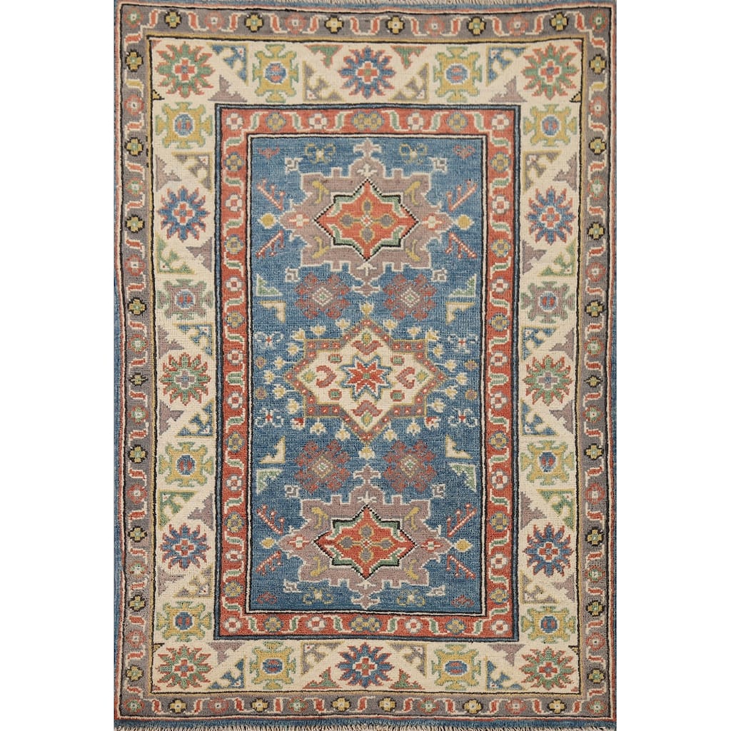 Blue Traditional Kazak Oriental Foyer Rug Hand-Knotted Wool Carpet - 2'8" x 4'3"