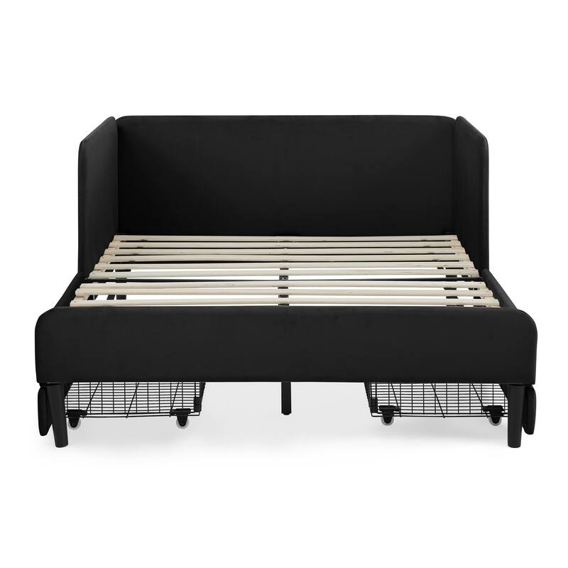 Roomfitters Twin/Full Upholstered Platform Bed with Side Backrest and Underbed Storage Trundle