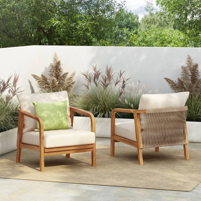 [Set of 2] 28" Outdoor Lounge Chair with Woven Backrest, Solid Wood Frame, Comfortable Cushions, and Curved Armrests - Teak
