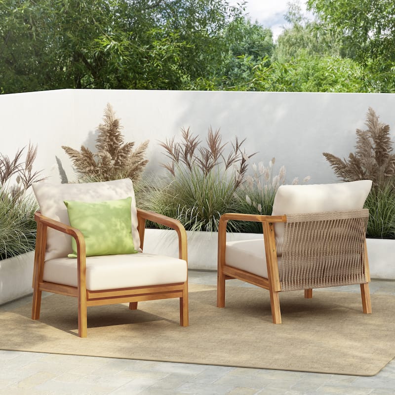 [Set of 2] 28" Outdoor Lounge Chair with Woven Backrest,Solid Wood Frame,Comfortable Cushions,Curved Armrests - Teak
