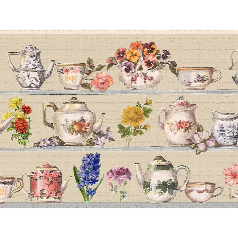 Beige, Purple, Pink Flowers, Teapots Peel and Stick Wallpaper Border 15