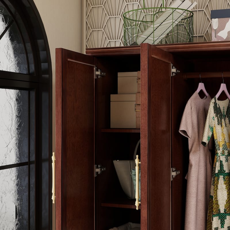 100% Solid Wood Armoire Wardrobe Closet with 4 Door, 70.87"H Armoire Closet Cabinet with 3 Drawers & 2 Hanging Rods for Bedroom