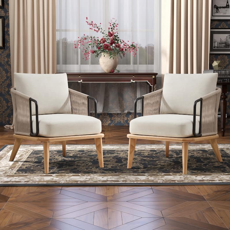 Living Room Casual Wooden Hand Braided Rope Armchair Rattan Chair for Living Room Apartment - Beige - 2PCS