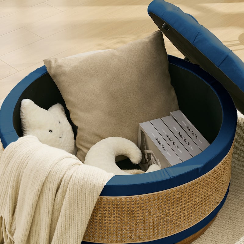 Linen & Rattan Round Storage Ottoman, Button-tufted Upholstery