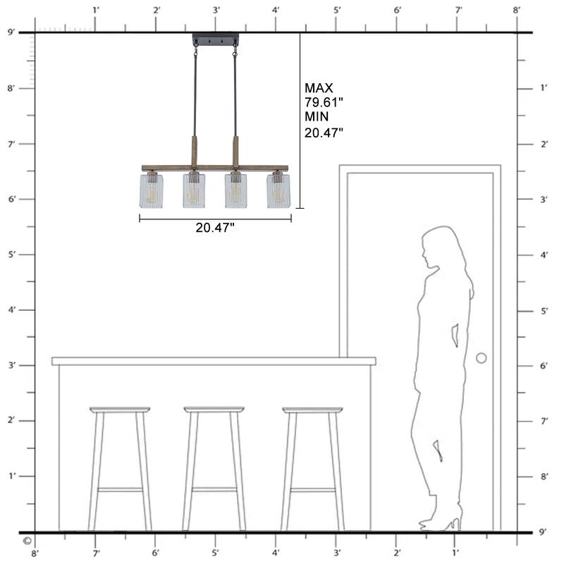 4-Light Faux Wood Linear Island Chandelier with Ribbed Glass Shades - Dia.30.51-in